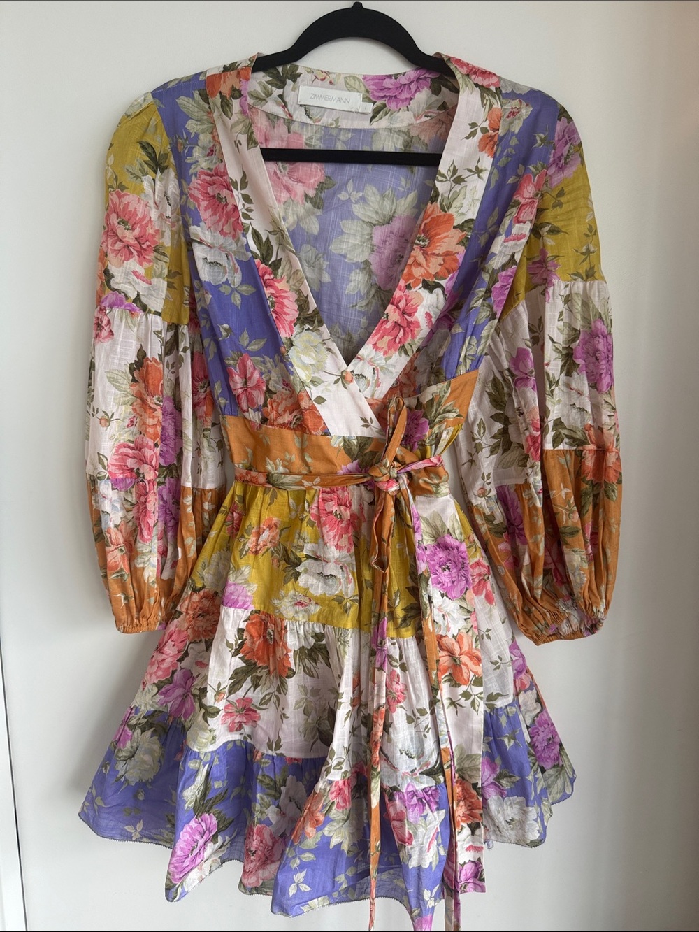 Zimmermann Multicolor Floral Wrap Mini Dress in Purple, Yellow, Pink, Orange